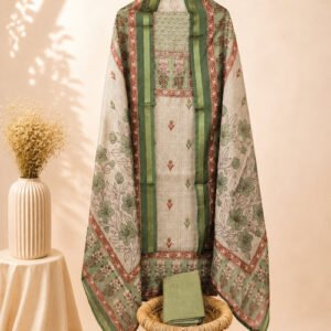 Matka Tussar Unstitched Salwar Suit - Cream with Green