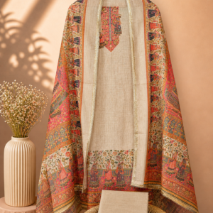 Soft Linen Tissue Unstitched Salwar - Cream with Red