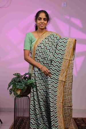 Mul Cotton - Black and Green Zig Zag with Mustard Border