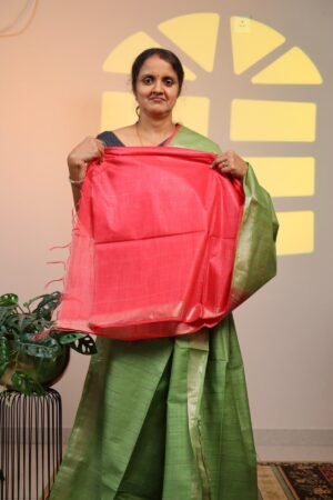 Semi Tussar Zari Checks - Green with Orange