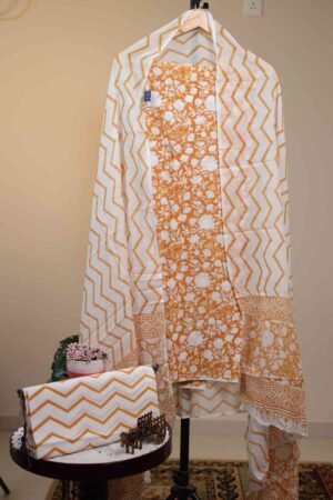 Cotton Salwar with Chiffon Dupatta - Honey with White Floral Motifs