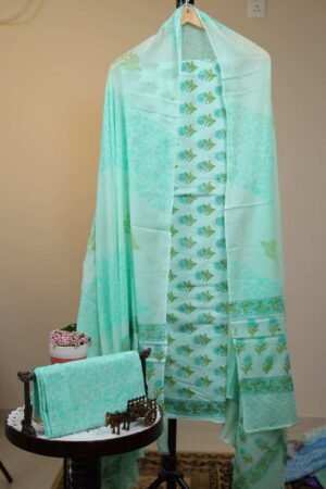 Cotton Salwar with Cotton dupatta - Light Mint Green base with small floral motifs printed in Cyan Blue and Leaf Green.