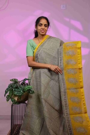 Kota Saree - Black Striped  Checks with Big Yellow Border