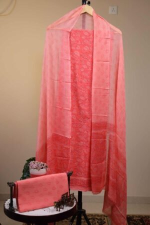 Cotton Salwar with Chiffon Dupatta - Peach with Leaf Motifs