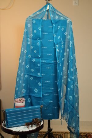 Handloom Ikkat Cotton with Kota Doriya Dupatta - Teal Blue