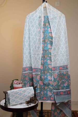 Cotton Salwar with Chiffon Dupatta - Turquoise Blue background with Pink Floral Motifs and Green Floral Vines.
