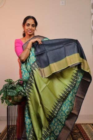 Pure Handloom Tussar Dark Pista Green with Black Zari border