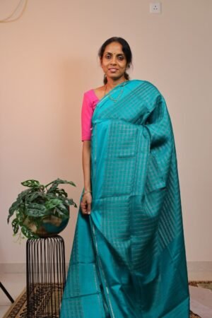 Moonga Silk Checks Greenish Blue