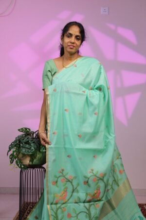 Muslin Jamdhani Saree - Pista Green