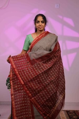 Kota Saree -Black Stripes with Leaf Motif in  Red Border