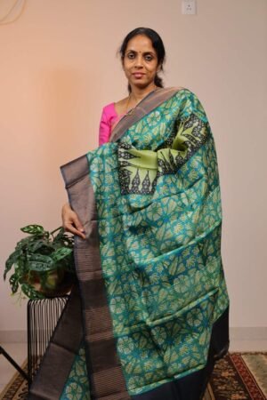 Pure Handloom Tussar Dark Pista Green with Black Zari border