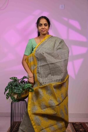 Kota Saree - Black Striped  Checks with Big Yellow Border