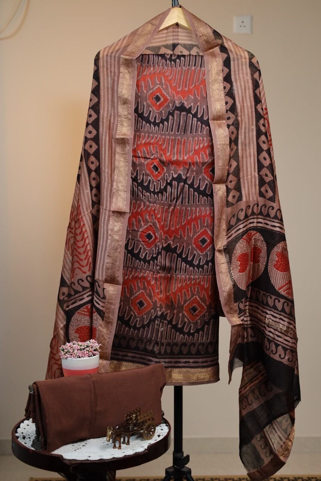 Maheswari Silk Unstitched Salwar - Mauve Brown