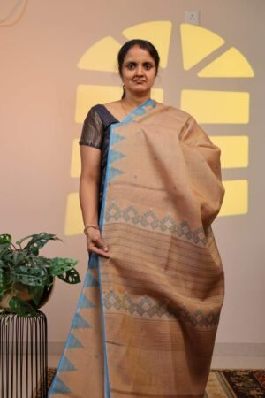 Semi Linen Tissue Saree-  Peach Beige with Blue Floral-Butta Details