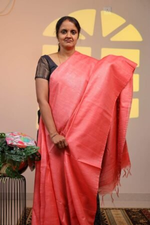 Moonga Silk Weave - Peachish Orange with Squence work , Weaved Pallu