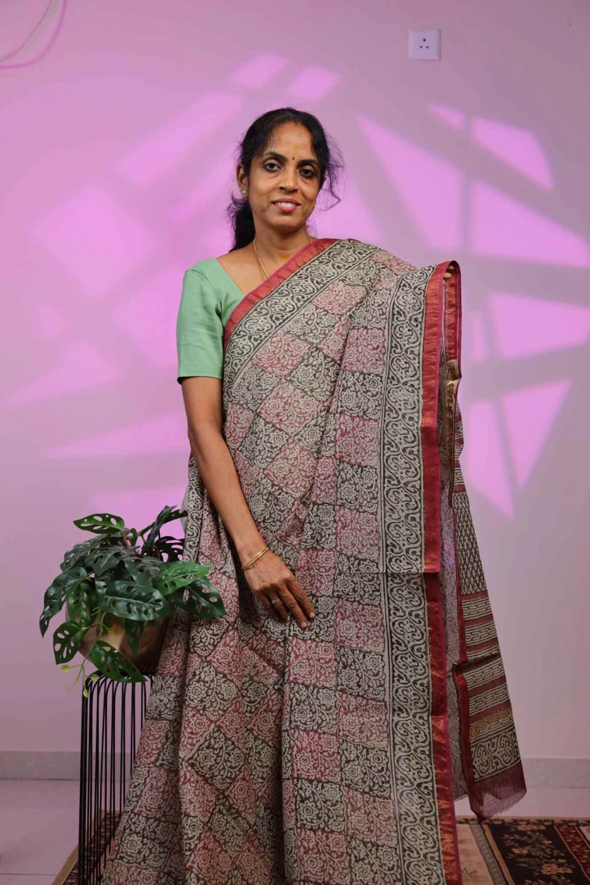 Kota Saree - Black and Pink Checks with Floral Design