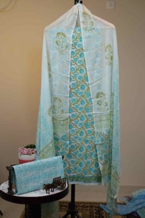 Cotton Salwar with Cotton Dupatta - Light Turquoise and Olive Green