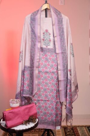 Semi Tussar with Prints - Pastel lavender with Pink Floral Prints
