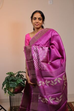 Pure Handloom Tussar with Magenta Pink Zari Border