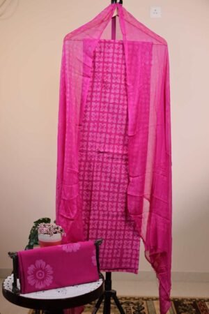 Cotton Salwar with Chiffon Dupatta - Hot Pink with a slightly deeper pink base and tonal floral motifs.