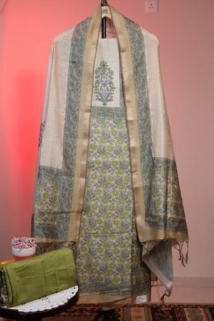Semi Tussar with Prints -  Chicoo with Green Floral Prints