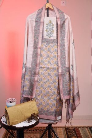 Semi Tussar with Prints - Pastel Pink with Mustard Yellow