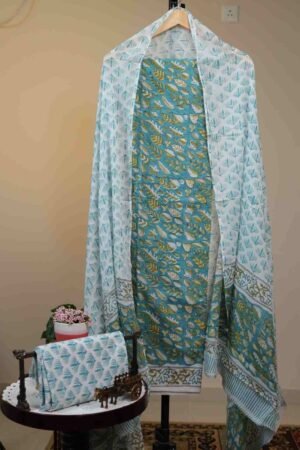 Cotton Salwar with Cotton Dupatta - Turquoise Blue  with White, Olive Green, and Lighter Teal Floral/Leaf prints.