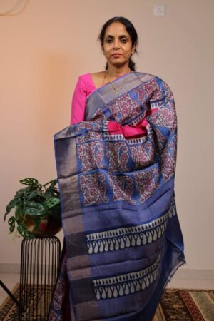 Pure Handloom Tussar Pink with Blue Zari border