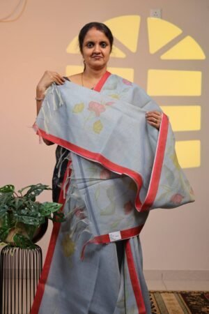Semi Tissue Linen Saree - Slate Blue in Crimson Red Border
