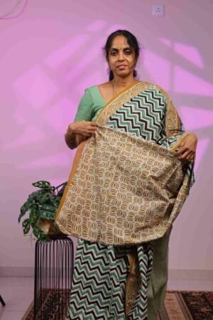 Mul Cotton - Black and Green Zig Zag with Mustard Border