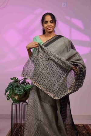 Kota Saree - Black Stripes with Leaf Motif in Big Black Border