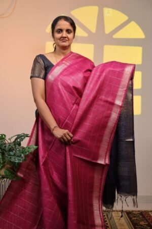 Semi Tussar Zari Checks - Pink with Blue