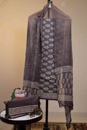 Cotton Salwar with Chiffon Dupatta - Charcoal Grey Background printed with White block-style Floral motifs.