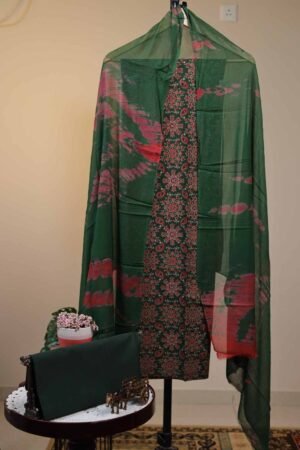 Cotton Salwar with Chiffon Dupatta - Forest Green with Maroon & Pink Prints