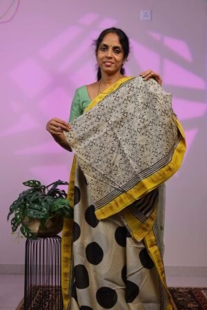 Maheswari Silk - Big Black Polka Dots with Yellow Border