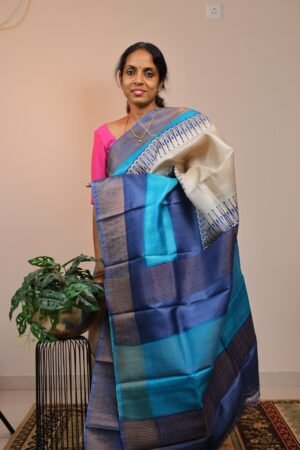 Pure Handloom Tussar Half White with Shades of Blue Zari border