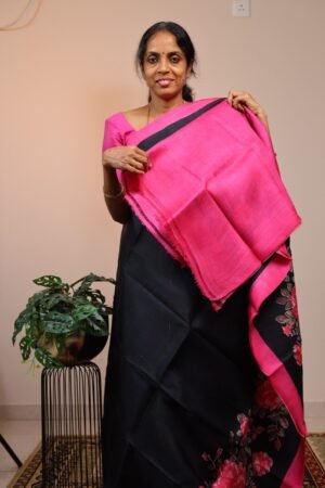 Pure Handloom BishnuPuri Black with Pink Floral designs