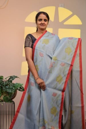 Semi Tissue Linen Saree - Slate Blue in Crimson Red Border
