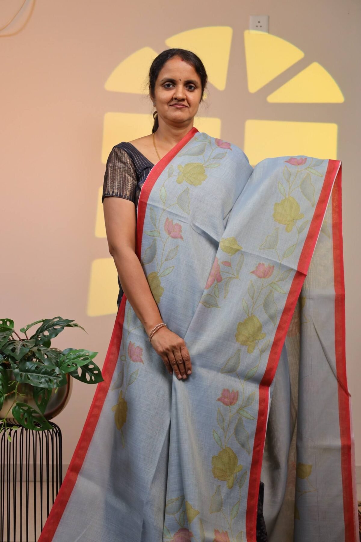 Semi Tissue Linen Saree - Slate Blue in Crimson Red Border