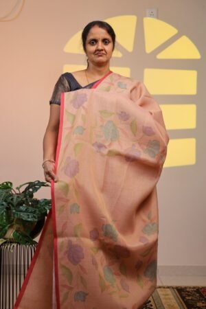Semi Linen Tissue Saree - Blush Peach Floral in Red Border