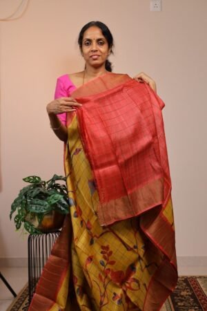 Pure Handloom Tussar  Zari Checks Yellow with Orange Border