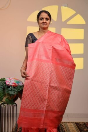 Moonga Silk Weave - Peachish Orange with Squence work , Weaved Pallu