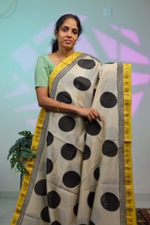 Maheswari Silk - Big Black Polka Dots with Yellow Border