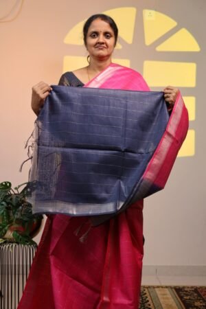 Semi Tussar Zari Checks - Lotus Pink with Blue