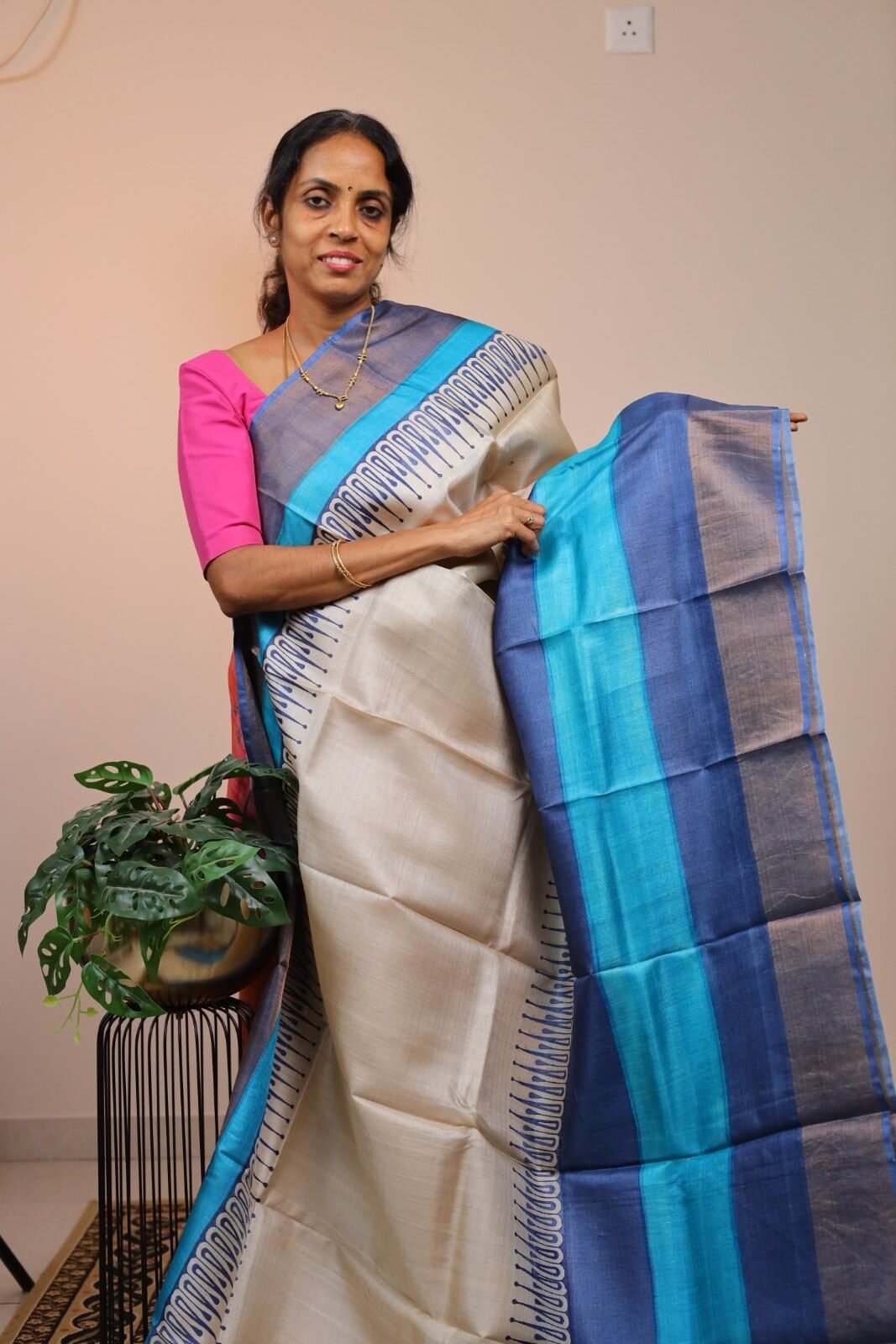 Pure Handloom Tussar Half White with Shades of Blue Zari border