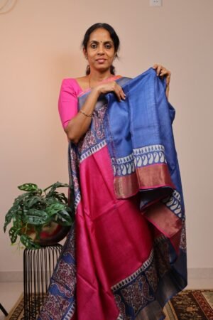 Pure Handloom Tussar Pink with Blue Zari border