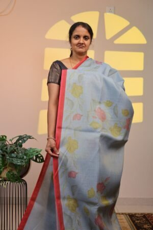 Semi Tissue Linen Saree - Slate Blue in Crimson Red Border