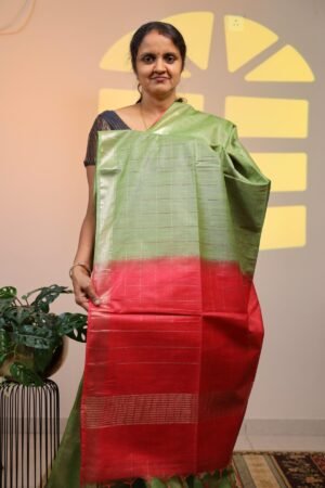 Semi Tussar Zari Checks - Green with Orange