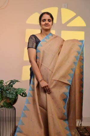 Semi Linen Tissue Saree-  Peach Beige with Blue Floral-Butta Details