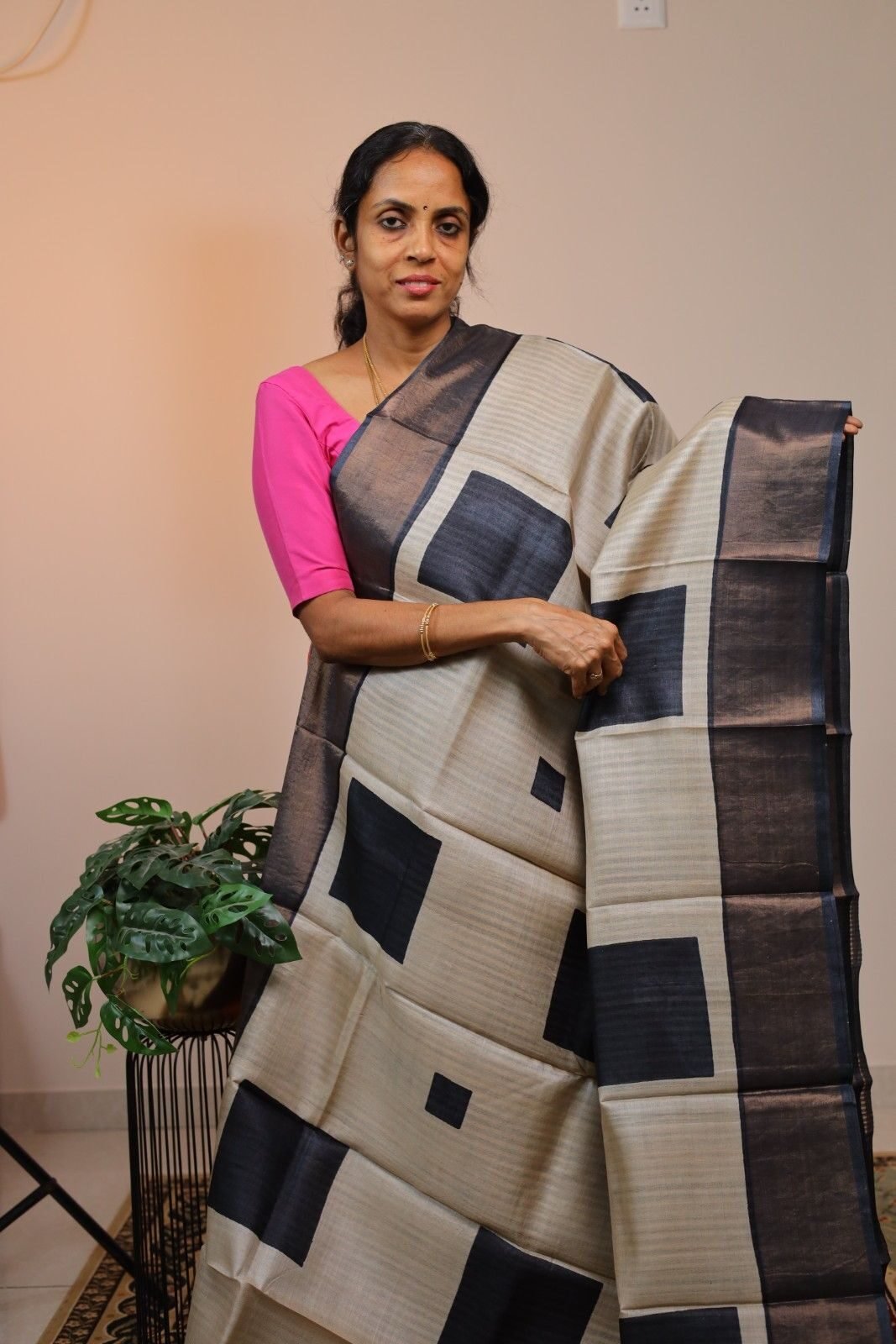 Pure Handloom Tussar Half & Half with Black stripes and Squares